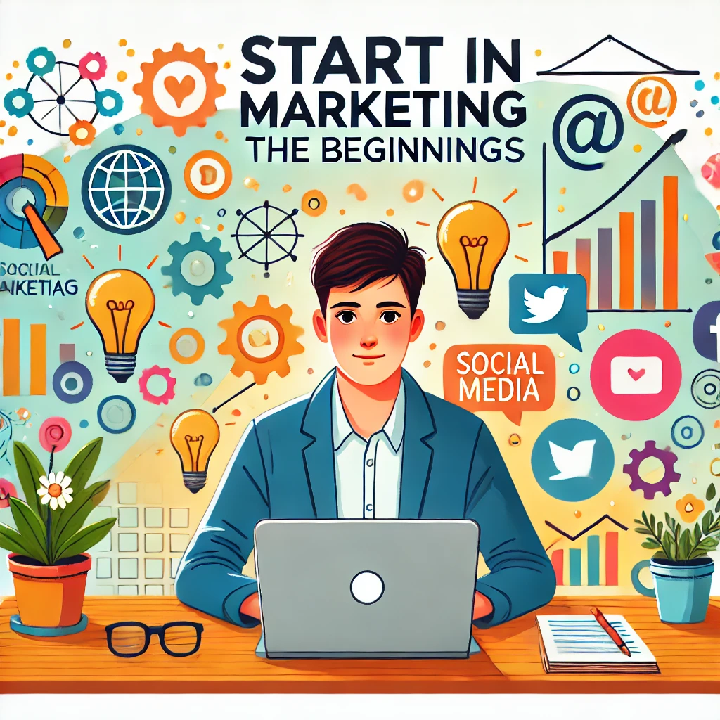 Eine Illustration zum Thema „Start in Marketing_ Die Anfänge“. Zeigt einen jungen Berufstätigen, der mit einem Laptop an einem Schreibtisch sitzt, umgeben von Marketing Symbolen