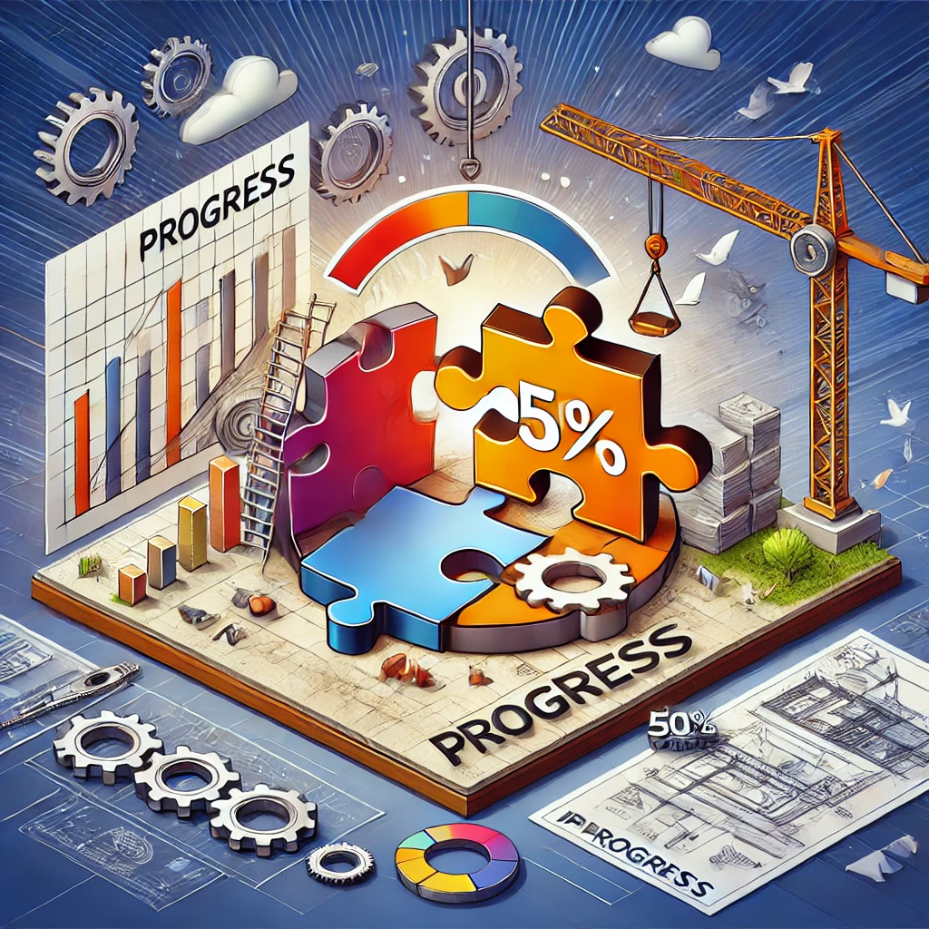 Bild zeigt den Marketing Prozess als Zeichnung. Ein Kran und Zahnräder bauen symbolisch eine Plattform mit Puzzelteilen