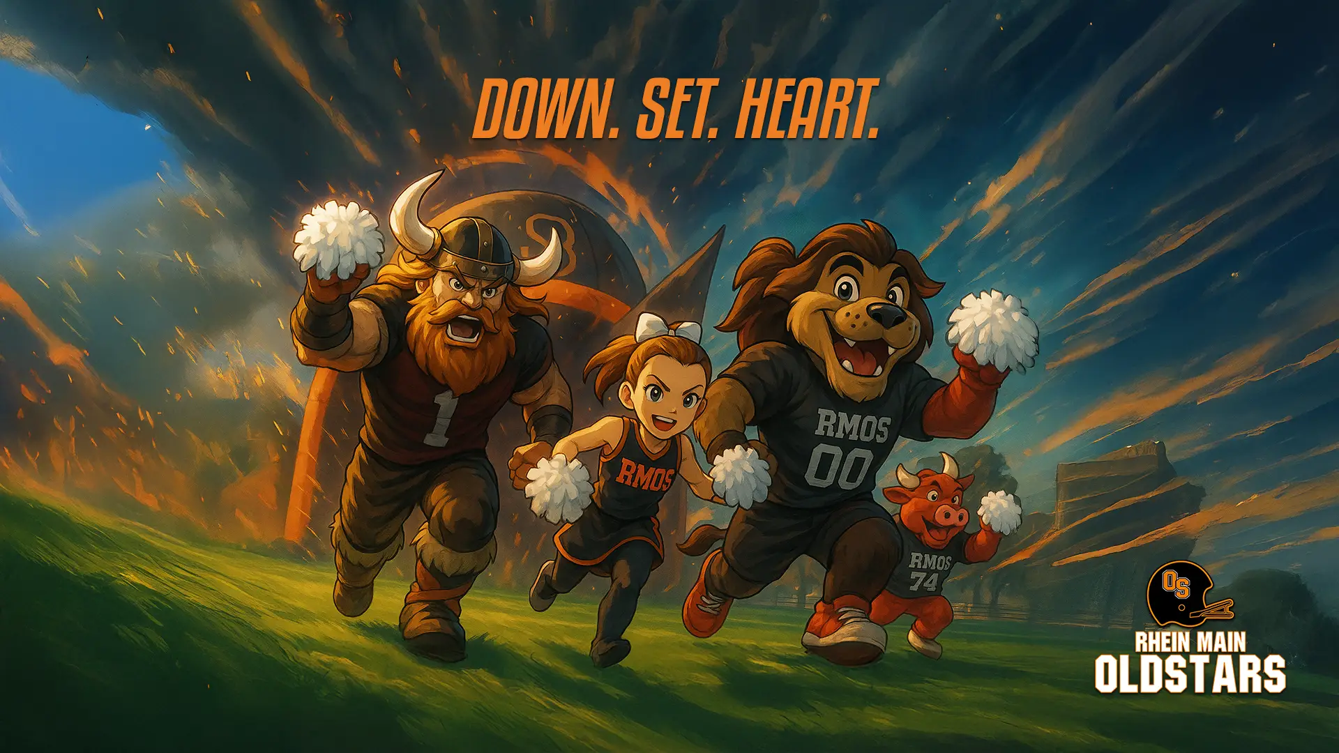 Comicartige Illustration im American-Football-Stil: Ein Wikinger, ein Cheerleader-Mädchen, ein Löwen-Maskottchen und ein roter Stier mit Cheer-Pompons laufen dynamisch auf den Betrachter zu. Alle tragen RMOS-Trikots. Über ihnen steht in großen orangefarbenen Buchstaben: „DOWN. SET. HEART.“. Unten rechts befindet sich das Logo der Rhein Main Oldstars mit Footballhelm.