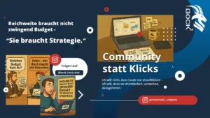 Illustration zur Social-Media-Strategie von Bock³: Links ein Comic-Dialog über Werbebudget mit dem Satz „Reichweite braucht nicht zwingend Budget – sie braucht Strategie“. Rechts ein Laptop mit Contentplanung, der Slogan „Community statt Klicks“ und der Hinweis, dass nachhaltiger Aufbau wichtiger ist als kurzfristige Reichweite. Markenlogos von Bock³ und Instagram-Handles @bock_hoch_drei und @rheinmain_oldstars sind sichtbar.
